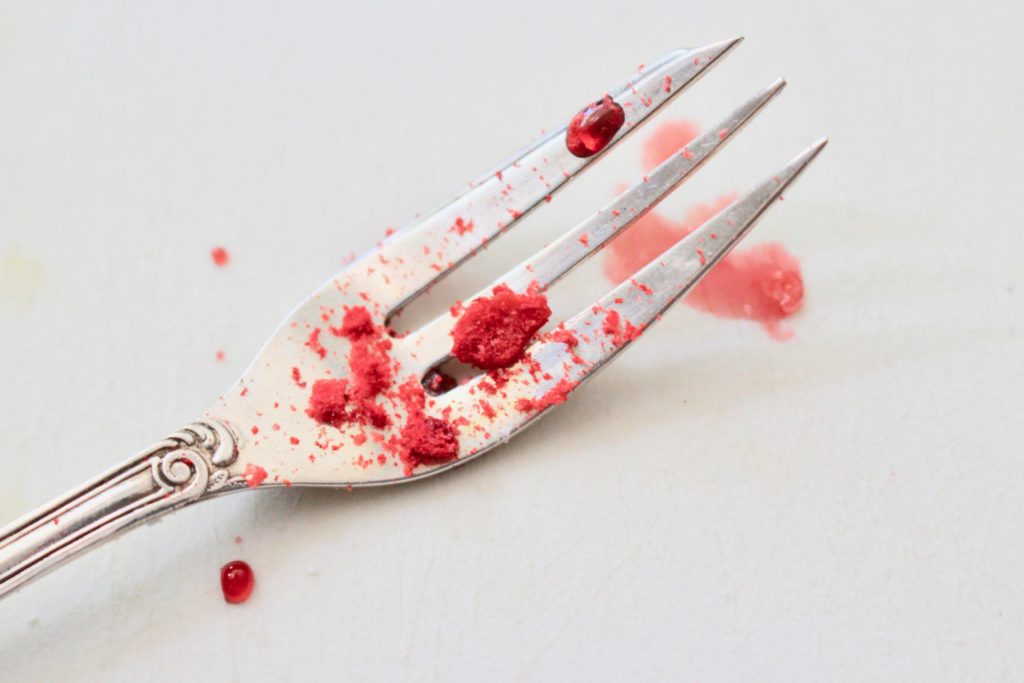 fork with pink meringue crumbles