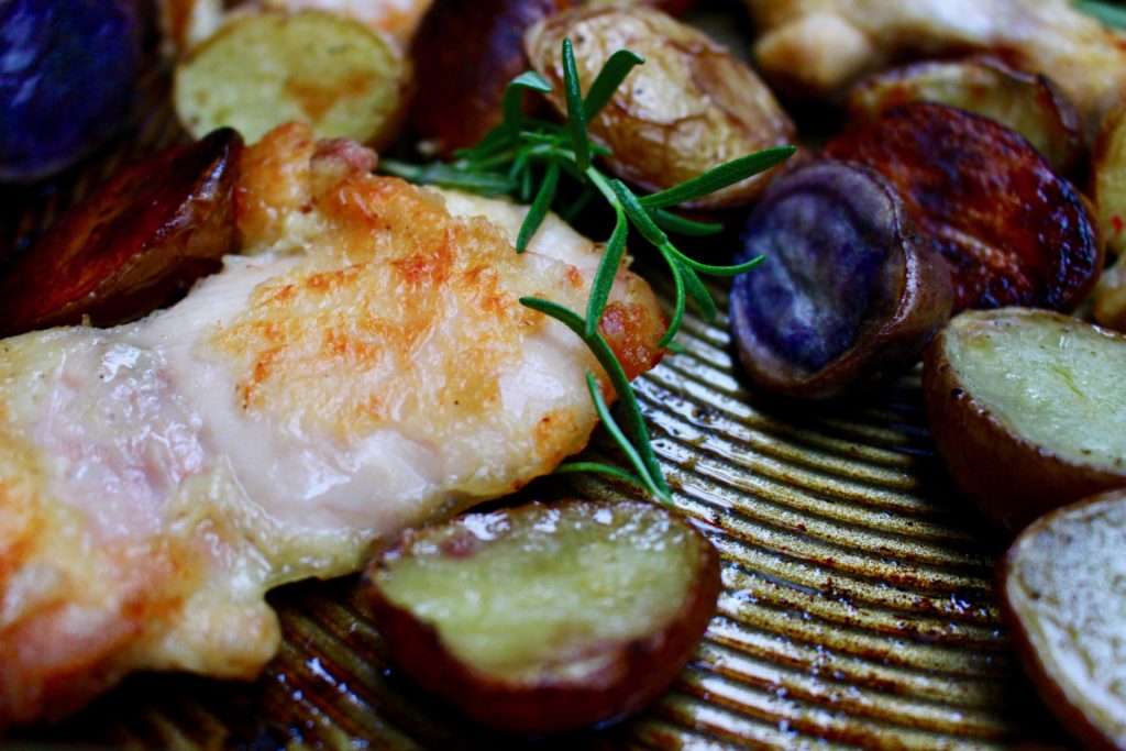 Crispy oven fried chicken with crunchy potatoes