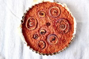 Pink Cauliflower Cake with Onions (pickled)